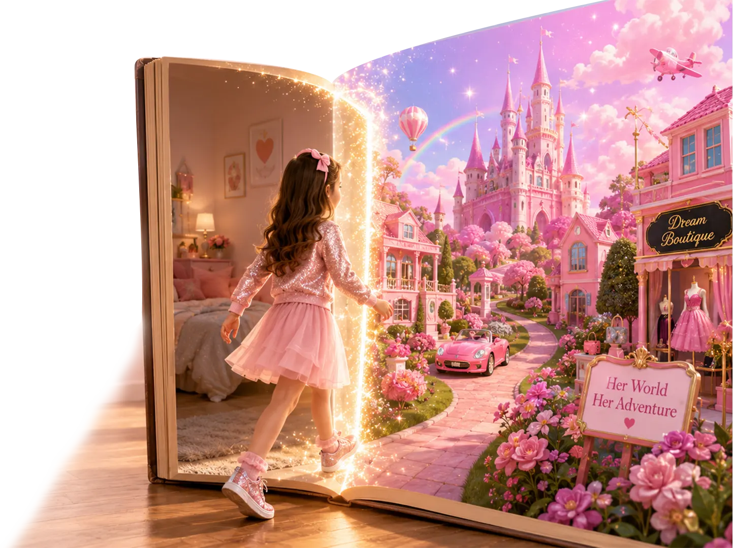 A girl stepping through a glowing open book into a pink world of castles, boutiques and blossom.