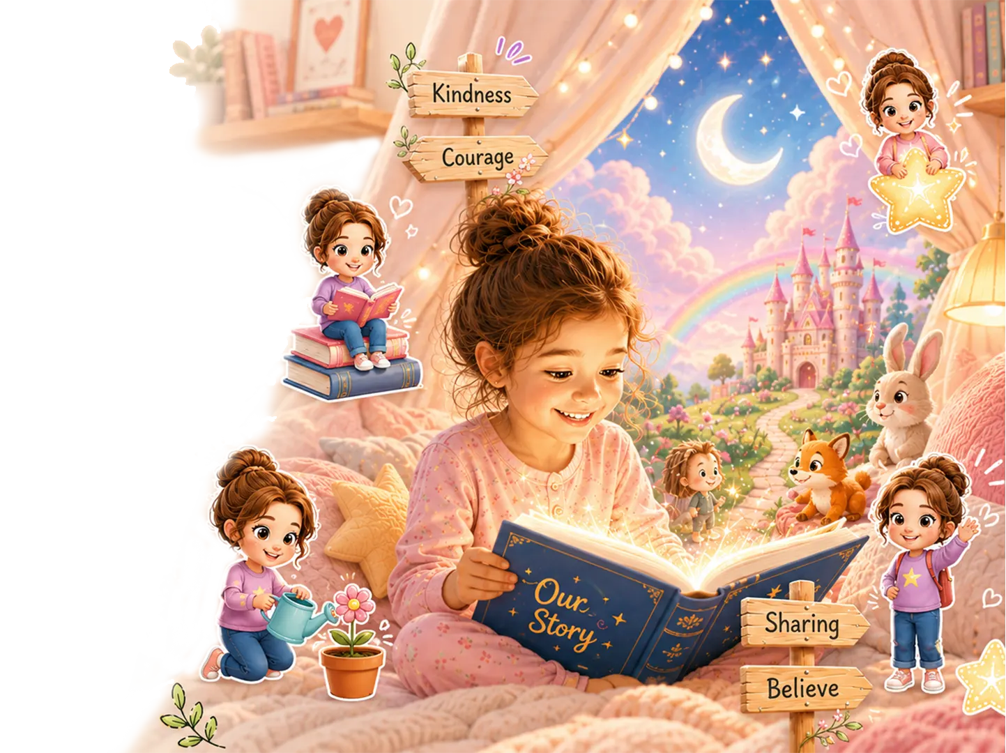 A girl stepping through a glowing open book into a pink world of castles, boutiques and blossom.